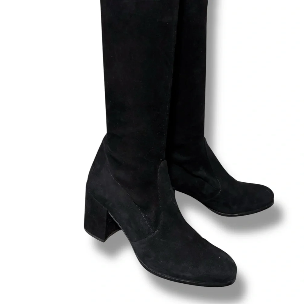 Stuart Weitzman Tieland Suede Black Over-the-Knee Sock Boots Block Heel Size 7